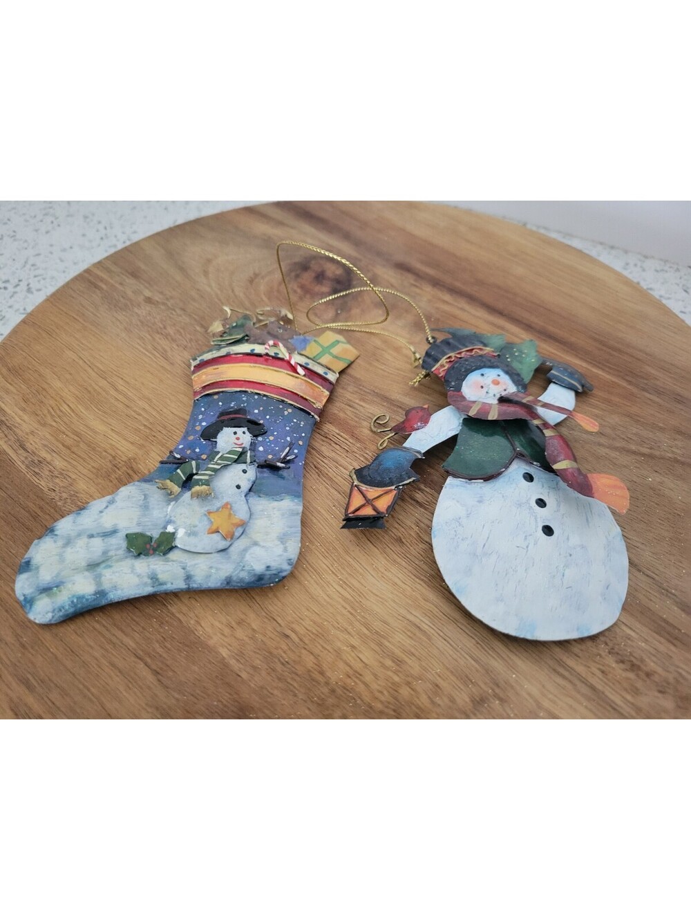 2 Vtg Metal Tin Primitive Rustic Christmas Tree Ornaments Stocking Snowman